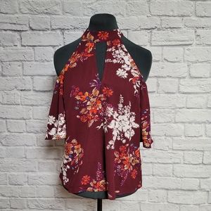 Monteau Burgundy Halter Cold Shoulder Top - Small